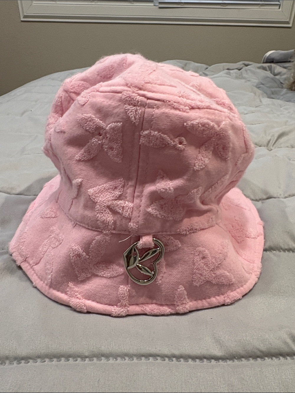 Pink Textured Bunny Bucket Hat with Heart Charm